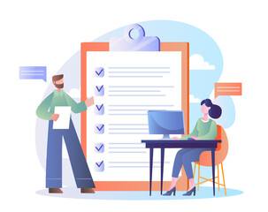 Man and woman discussing checklist tasks, with giant clipboard and computer, in modern flat style on white background. Concept of project planning. Vector illustration