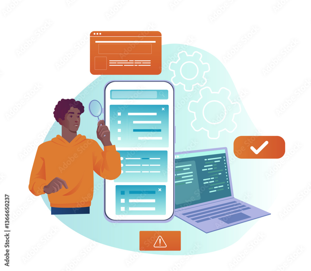 Poster a man using a magnifying glass inspects a mobile app interface, with laptop, coding symbols, and war