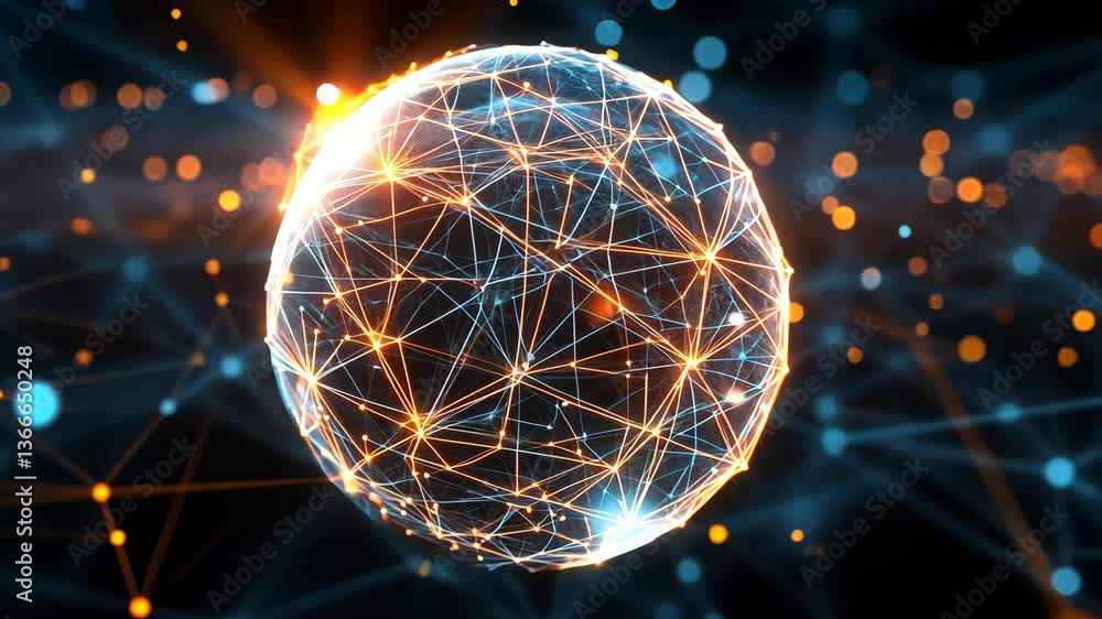 Poster network of interconnected lines and nodes forming a glowing globe in a digital space