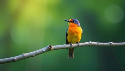 Fototapeta premium Lone, brightly colored bird on a white branch, solitary, single