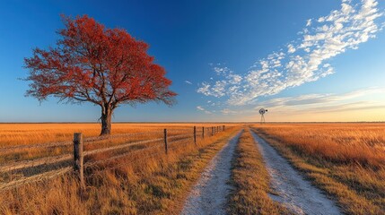 Naklejka premium Serene Autumn Countryside Landscape with Vibrant Red Tree
