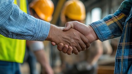 Close up of two construction workers shaking hands, teamwork and partnership concept in industrial field. Professionals wearing safety helmets collaborating on project, trust, success and cooperation.