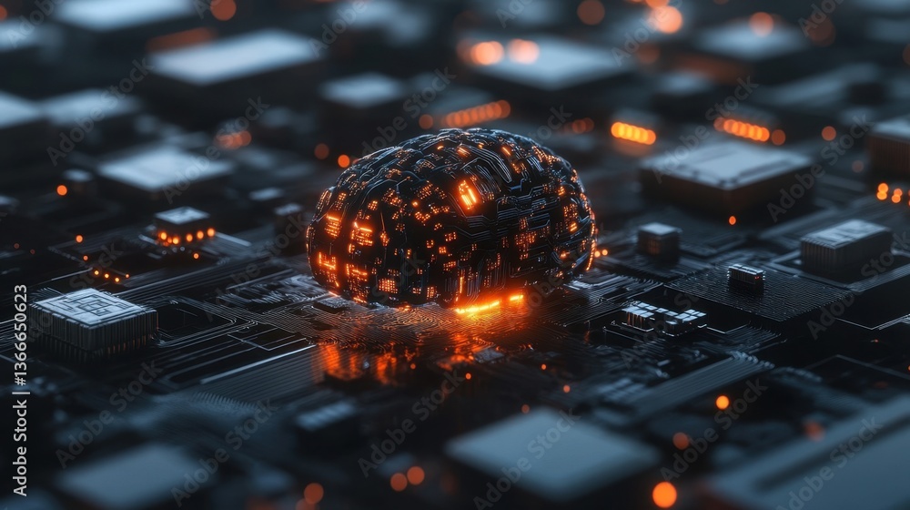 Poster a digital image of interconnected circuits forming a glowing ai brain.