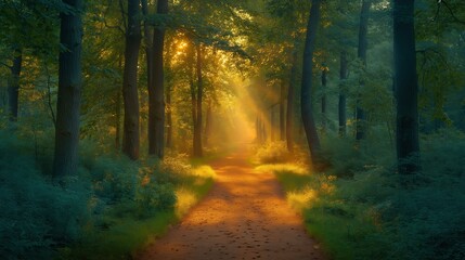 Fototapeta premium Serene forest path illuminated by sunlight through lush green trees