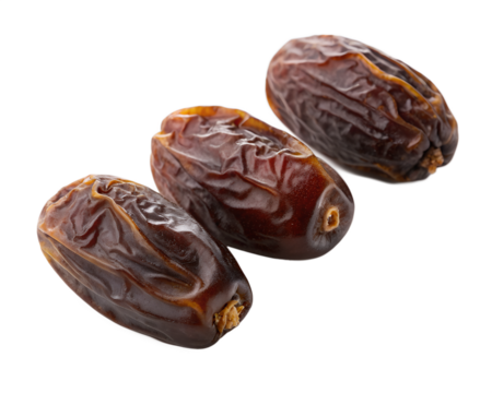Three medjool dates arranged closely together showing their wrinkled texture and oblong shape clearly visible transparent background
