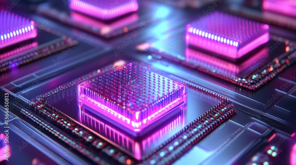 Poster a digital rendering of a futuristic silicon photonics processor.
