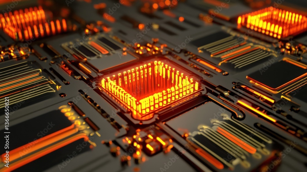Poster a digital rendering of a futuristic silicon photonics processor.