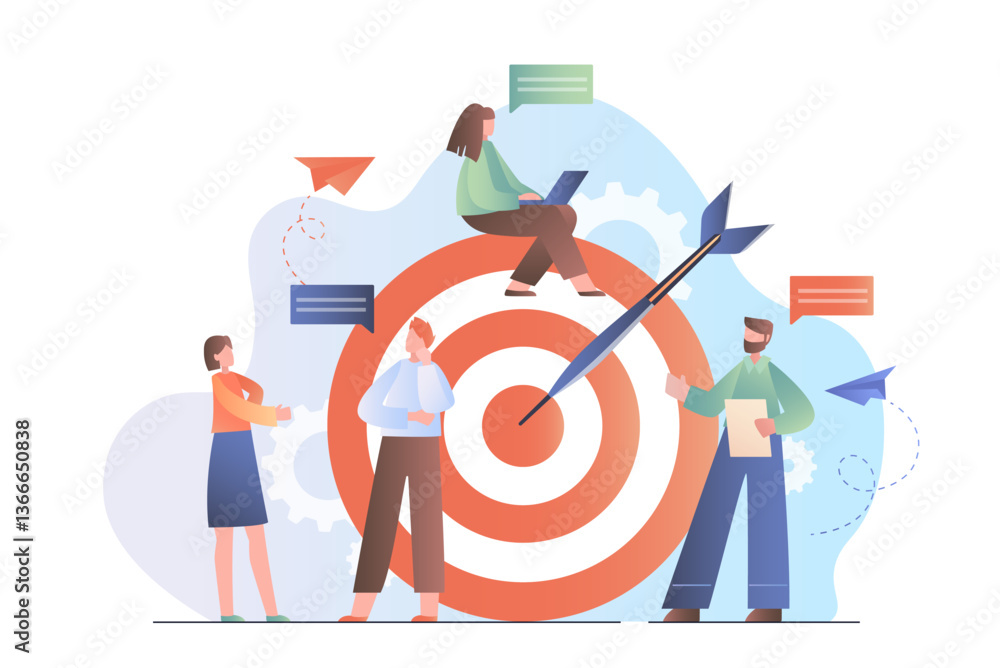 Poster team of business people discussing strategy at a table with a dartboard target in background, flat d