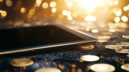  Tablet and golden coins on casino table with bokeh lighting, illustrating digital gambling and online gaming trend
