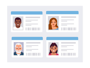 Four illustrated ID cards showing diverse cartoon-style portraits of people, with barcode and text fields, isolated on a light background. Vector illustration