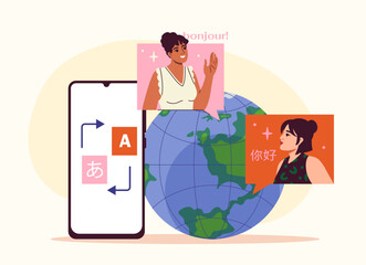 Smartphone with translation app, two women speaking different languages, globe in background, flat style on light background. Concept of global communication. Vector illustration
