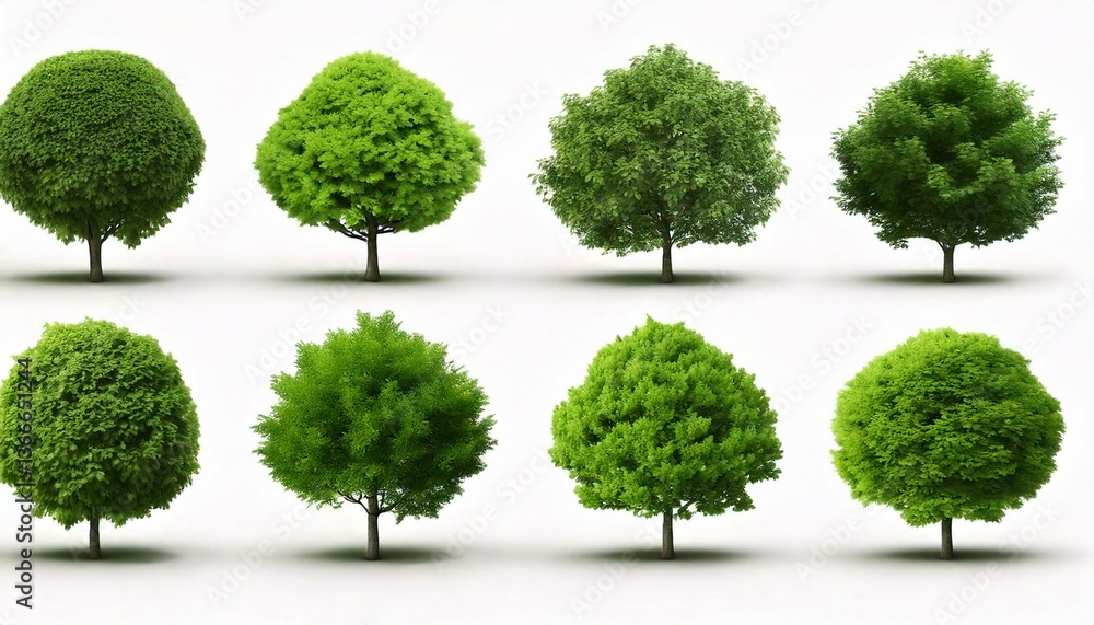 Poster green tree collection. trees with different green leaves and tree trunks isolated. various shapes an