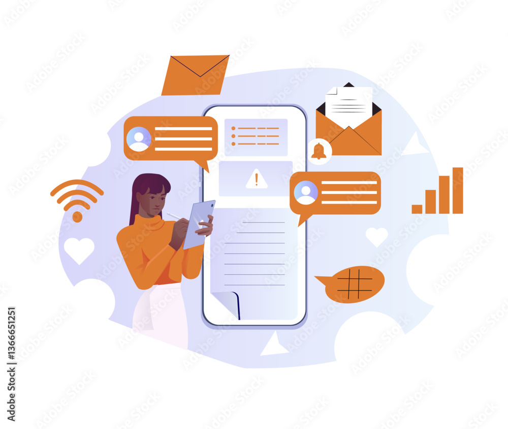 Poster woman using a tablet with email, chat, and notification icons around a large smartphone screen, flat
