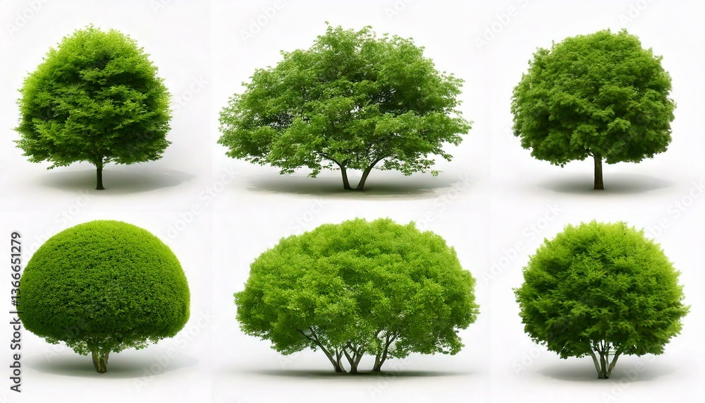Poster green trees collection. assorted green leaves and shapes. six trees on white background. isolated na