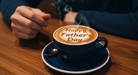 A person celebrating Father's Day with a latte art coffee topped with a festive message in a cozy café - happy father's day images