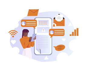 Woman using a tablet with email, chat, and notification icons around a large smartphone screen, flat style on abstract background. Concept of digital messaging. Vector illustration