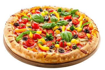 Vibrant veggie pizza with colorful toppings on wooden base isolated on transparent background