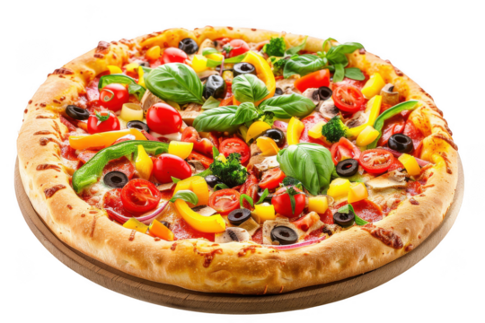 Vibrant veggie pizza with colorful toppings on wooden base isolated on transparent background