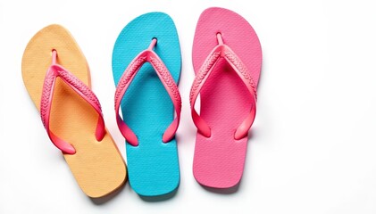 Pair of colorful flip-flops isolated on white, top view , studio, bright, footwear