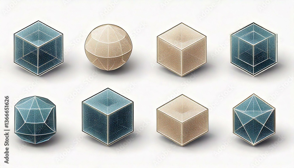 Aufkleber geometric shapes collection. isometric cubes and sphere with wireframe grid. transparent glass forms