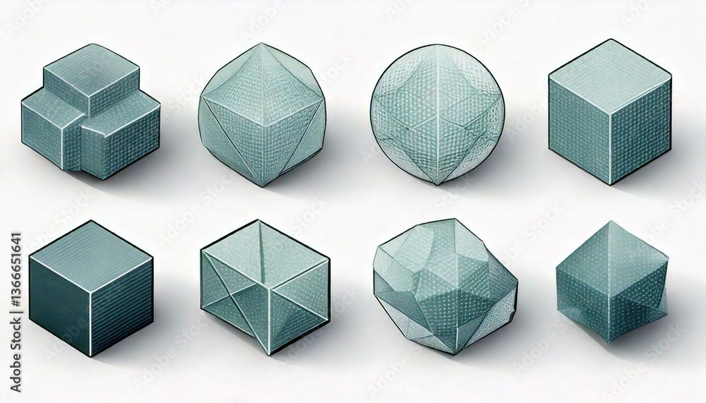 Poster blue geometric figures stand on the white background. many shapes are arranged in two rows. some fig