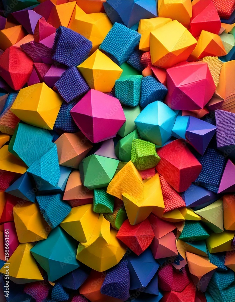 Poster many colorful shapes sit together. bright geometric forms pile up. texture shows on each object. bol