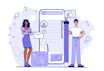 Two people standing near a giant smartphone screen showing profile, message icon, and like symbol, flat style on abstract background. Concept of digital communication. Vector illustration