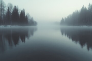 Fototapeta premium Misty lake, winter forest reflections. Calm, serene, and tranquil morning scene. Dense trees line the shore, with fog swirling across the still water. The image evokes a sense of peace and solitude