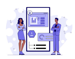 Business professionals standing beside large digital interface with charts, icons, graphs, flat graphic style, on white abstract background. Concept of teamwork in data analysis. Vector illustration