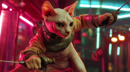 Sphynx cat wearing futuristic fencing outfit and holding swords. Generative ai illustrations