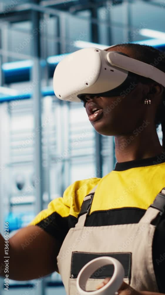 Poster vertical video engineer wearing vr headset in smart factory looking at collected data to do optimiza