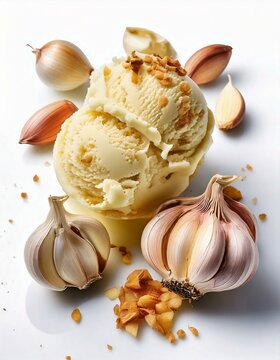Naklejki Ice cream scoop with garlic cloves on a plain white surface. Sweet food with a savory flavor twist. Frozen food close up. Garlic pieces and bulbs scattered around.