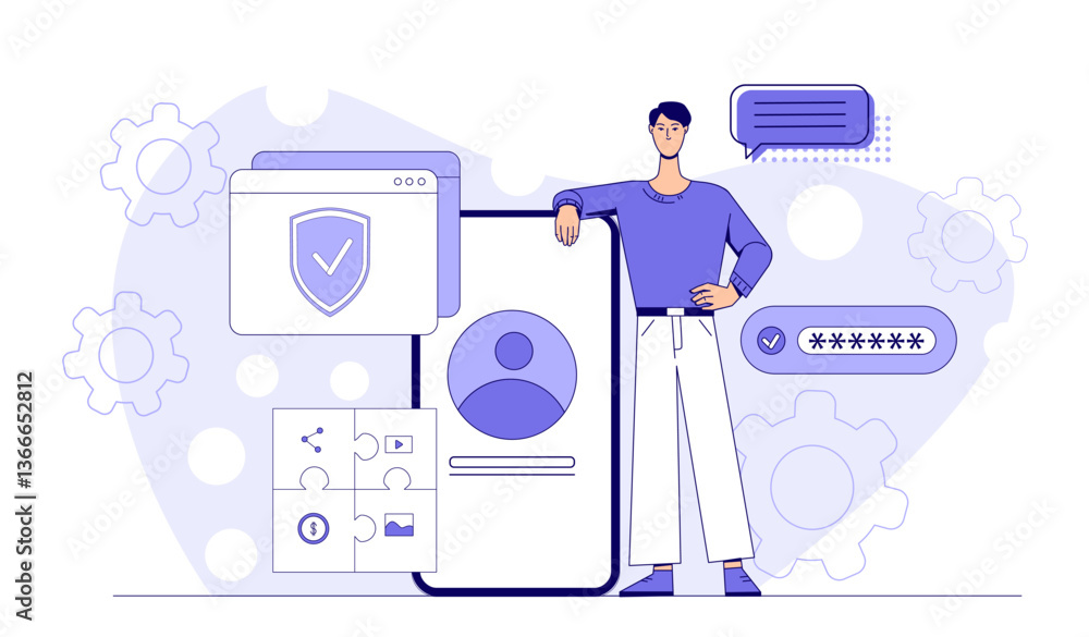 Poster man standing next to digital interfaces showing secure login, password protection, and profile eleme