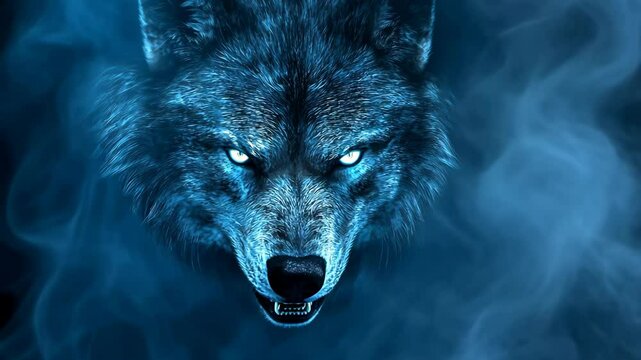 Dark blue wolf head emerging from fog with glowing eyes at night in a mystical atmosphere