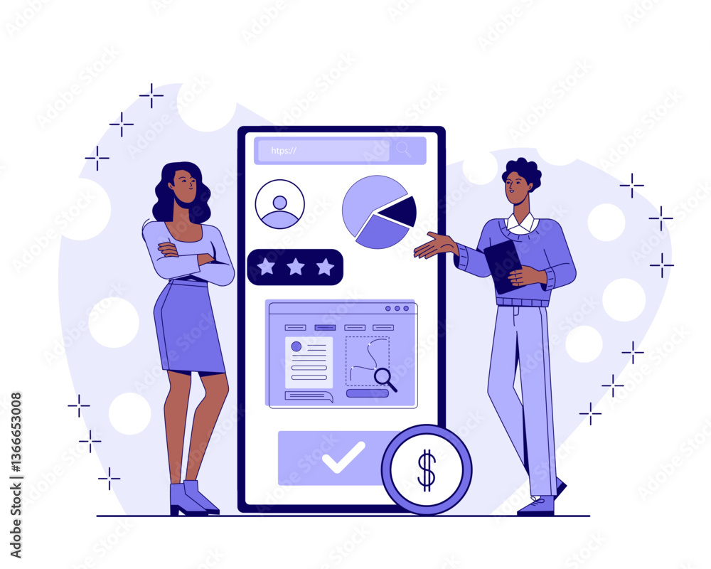Poster two businesspeople discussing data analytics on a large smartphone screen with charts, stars, and we