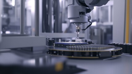 A robotic arm in a cleanroom facility, assembling semiconductor chips with AI precision for high-performance computing, Tech-tech style
