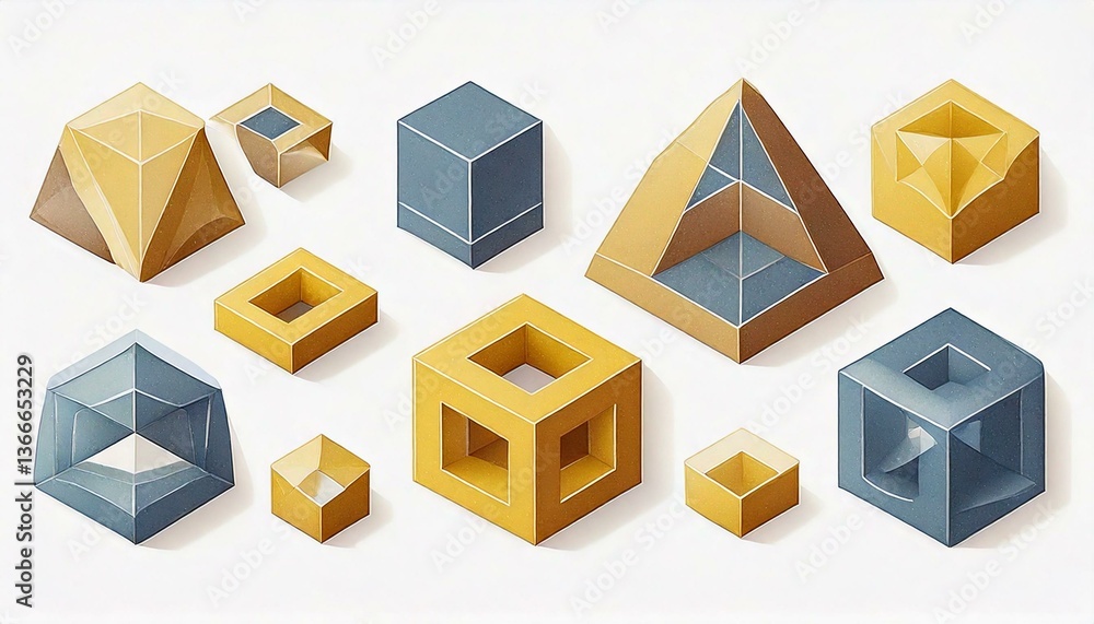 Poster isometric shapes on white background. simple geometric objects in yellow and blue. cube pyramid shap