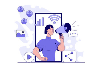 Woman holding megaphone appearing from smartphone screen with icons like WiFi, social sharing, and media on abstract background. Concept of digital marketing. Vector illustration