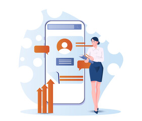 Businesswoman holding books standing by large mobile interface with chat bubbles and growth arrows, flat graphic style. Concept of digital communication and analytics. Vector illustration