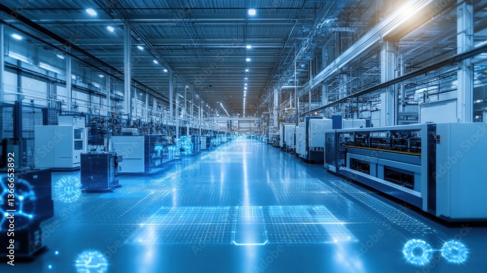 Poster a futuristic digital twin concept displaying factory operations.