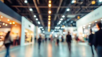 Blurred background of international business exhibition and conference, professionals walking and communicating among booths, wide angle shot with bokeh effect and warm lighting.