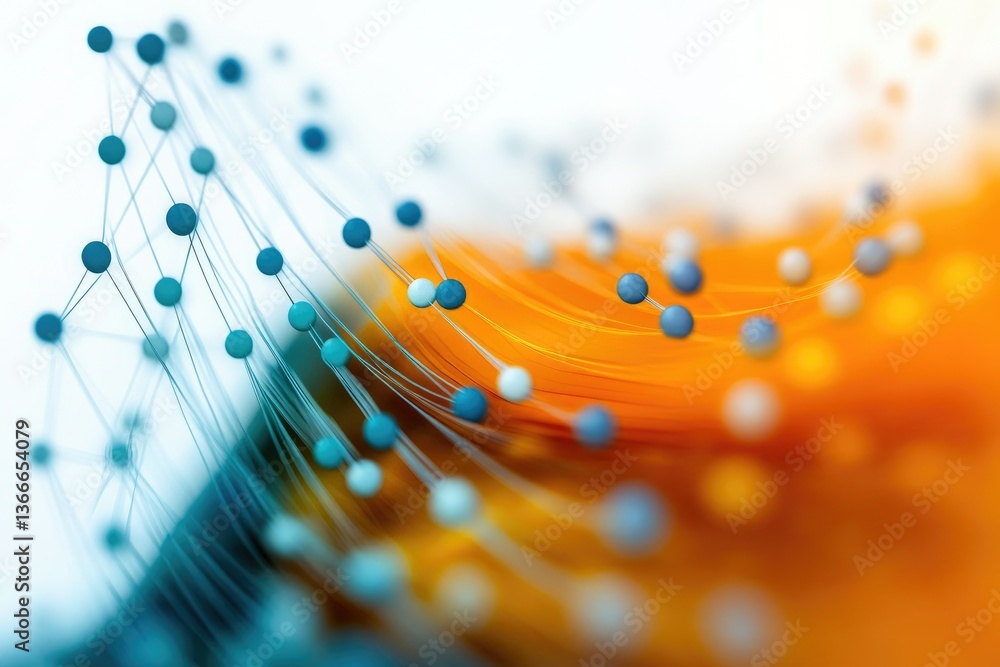 Poster abstract network connecting spheres with flowing orange lines background graphic