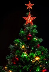 Sparkling green diamond Christmas tree adorned with a red star, simple, environment, eco-friendly
