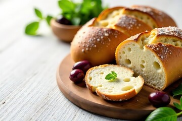 Rustic Italian bread, olives, cheese on white, isolated, healthy, cheese