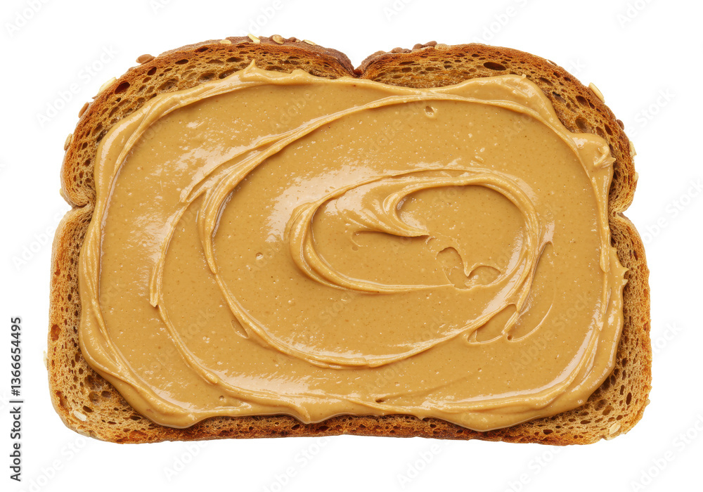 Poster a close up shot of a slice of bread covered in creamy peanut butter spread in a swirling pattern on 