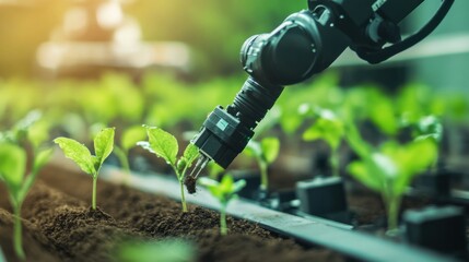 A robotic arm in a cutting edge agricultural lab, planting genetically engineered crops for improved drought resistance, Agri-tech style