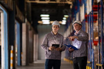 A team of engineers inspects the warehouse in a large storage warehouse. The inspection team uses...
