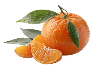 A vibrant tangerine with leaves and segments showcasing its freshness and juicy texture in studio light transparent background
