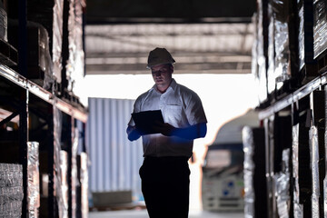 A team of engineers inspects the warehouse in a large storage warehouse. The inspection team uses...