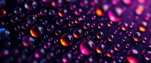 Vibrant, jewel-toned water droplets on a dark background, abstract macro photography, droplet photography, high resolution